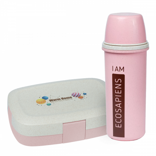 Эко ланч набор розовая термобутылка "Ecosapiens" + Ланч бокс "Планета" из экоматериала 1200 мл 