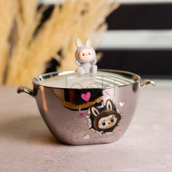 Бульонница фарфоровая Labubu с крышкой и ручками 800 (мл) Ø15 (см) детская тарелка для супа и лапши Серебристый с серым FM-34A  Jooki