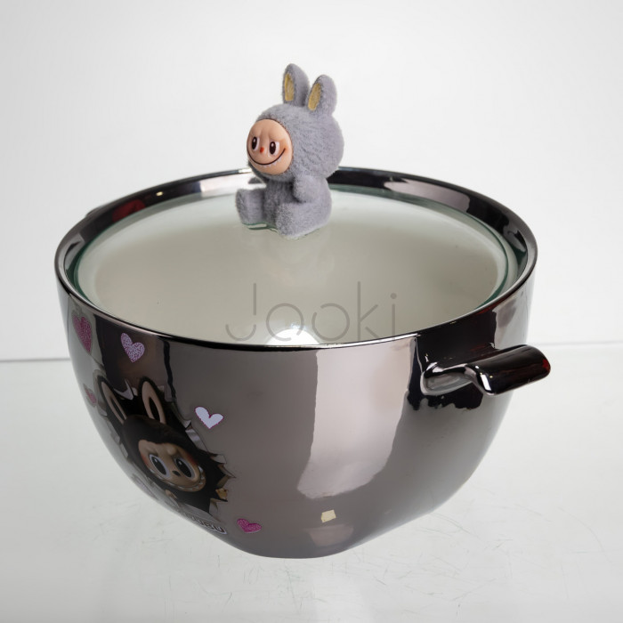 Бульонница фарфоровая Labubu с крышкой и ручками 800 (мл) Ø15 (см) детская тарелка для супа и лапши Серебристый с серым FM-34A  Jooki