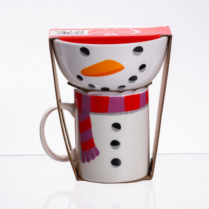 Набір порцелянова чашка з піалою Snowman 350 (мл) чашка на подарунок новорічна для чаю та кави CR-1-49 Завжди під рукою 