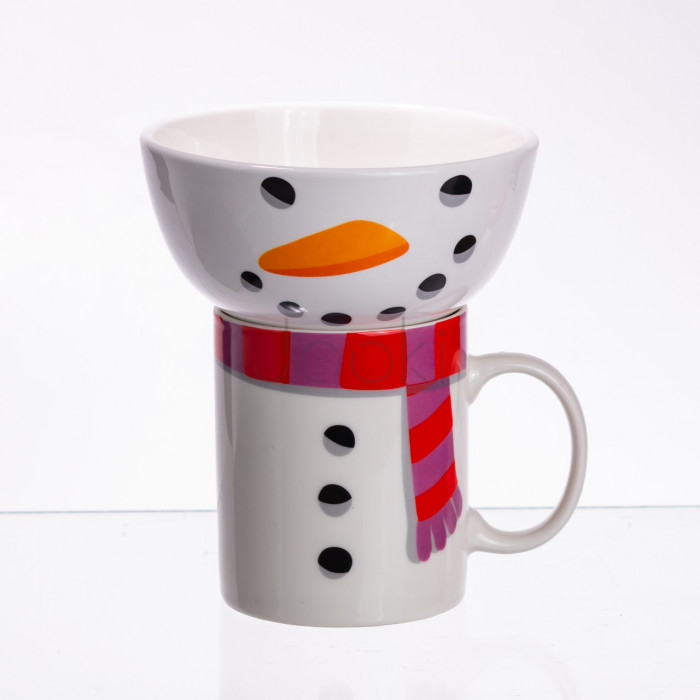 Набір порцелянова чашка з піалою Snowman 350 (мл) чашка на подарунок новорічна для чаю та кави CR-1-49 Завжди під рукою 