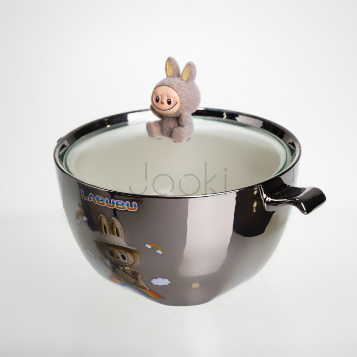 Бульонница фарфоровая Labubu с крышкой и ручками 800 (мл) Ø15 (см) детская тарелка для супа и лапши Серебристый с коричневым FM-34B Проверенное качество Jooki