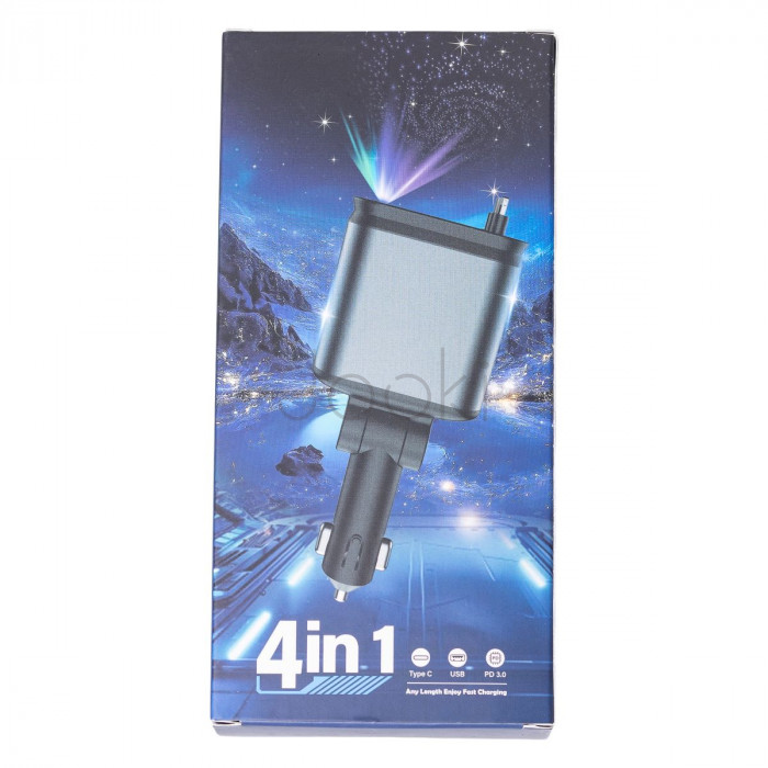Автомобільний зарядний пристрій LED-проекція, зі швидкою зарядкою і висувними кабелями Apple Lightning/USB-С HP-B1  Jooki