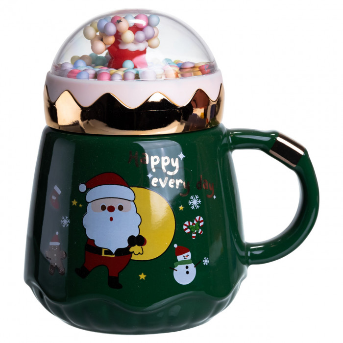 Чашка фарфоровая с крышкой Christmas 400 (мл) Зеленый Yiwu FM-CS-41A  Jooki