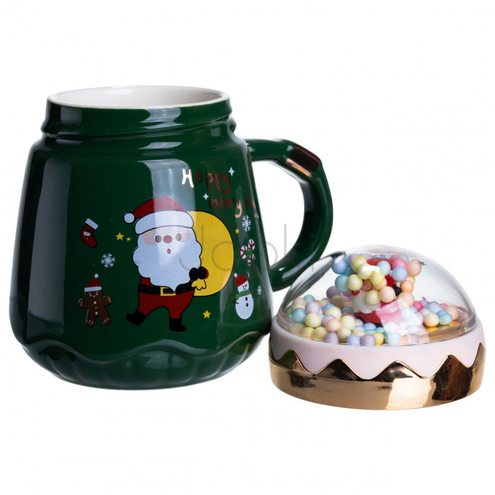 Чашка фарфоровая с крышкой Christmas 400 (мл) Зеленый Yiwu FM-CS-41A  Jooki