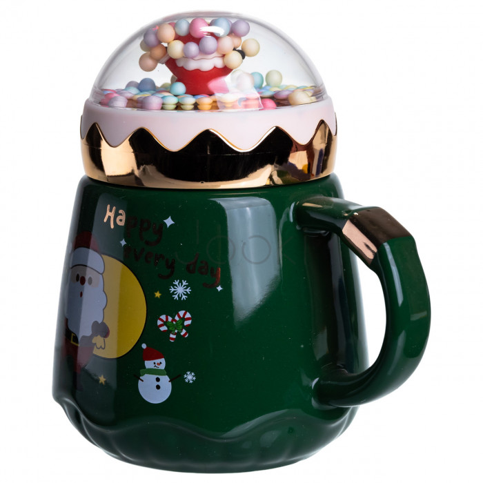 Чашка фарфоровая с крышкой Christmas 400 (мл) Зеленый Yiwu FM-CS-41A  Jooki