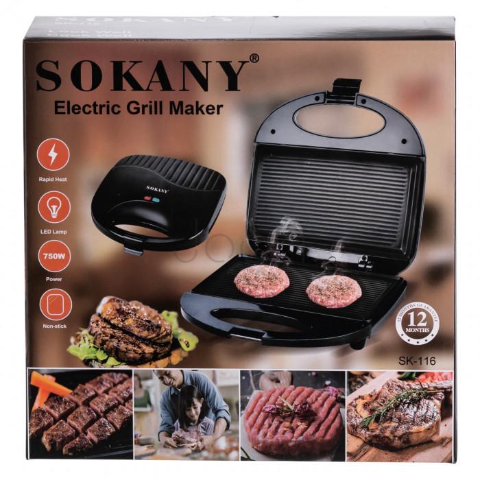 Электрогриль Sokany SK-116 750 Вт антипригарное покрытие термостат защита от перегрева, гриль-пресс для мяса сэндвичей  Jooki