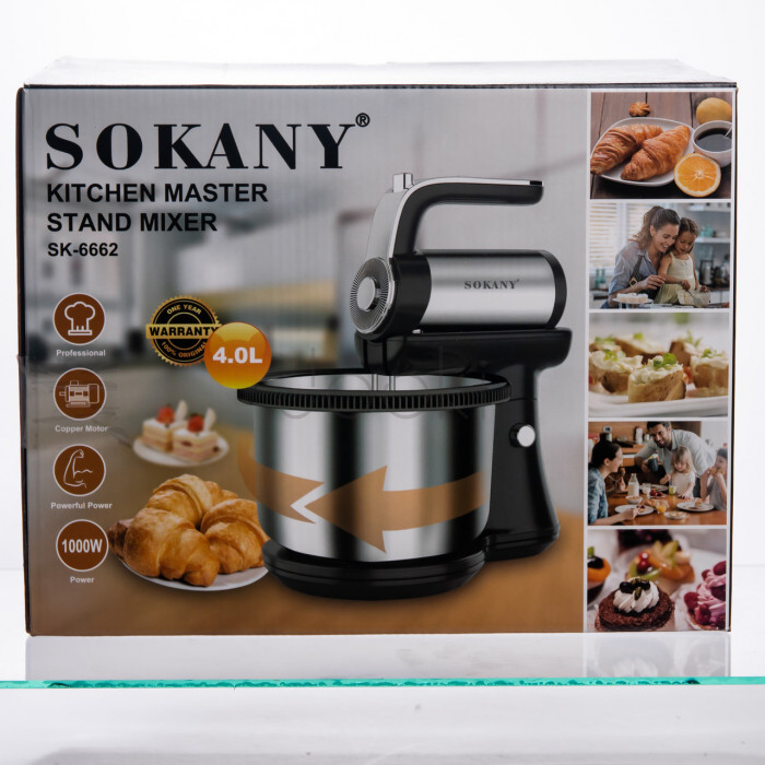 Стаціонарний міксер Sokany з чашею 4 л, 1000 Вт, 5 швидкостей, 2 насадки, віночки та гаки SK-6662 Твій стильний вибір 