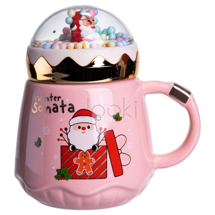 Чашка фарфоровая с крышкой Christmas 400 (мл) Розовый Yiwu FM-CS-41C Для комфорта каждый день 