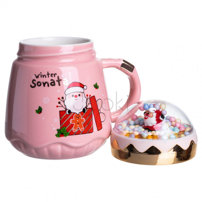Чашка фарфоровая с крышкой Christmas 400 (мл) Розовый Yiwu FM-CS-41C Для комфорта каждый день 