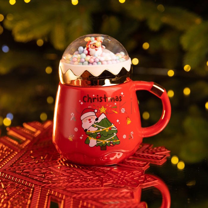 Чашка фарфоровая с крышкой Christmas 400 (мл) Красный Yiwu FM-CS-41D  Всегда под рукой 