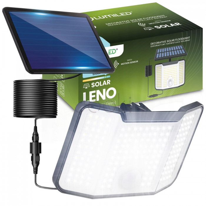 Солнечный LED‑прожектор Lumiled LENO 10 Вт широкий угол освещения, с датчиком движения и сумерек — IP44, 800лм, холодный белый свет 6500K