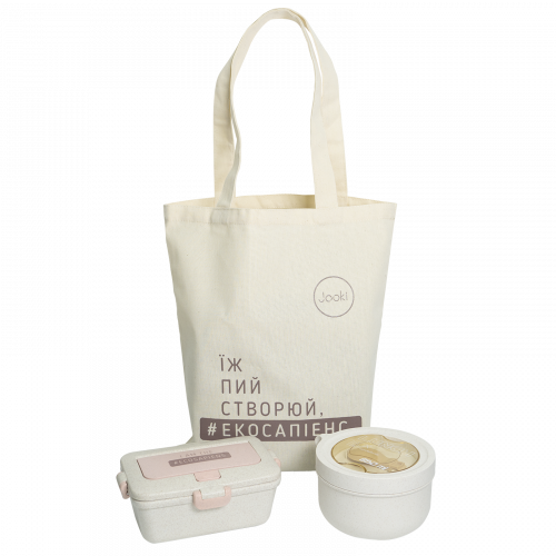 Эко ланч набор эко-сумка шоппер + розовый ланч бокс "Ecosapiens" 950 мл + бежевая ланч бокс супница в форме чашки 850 мл