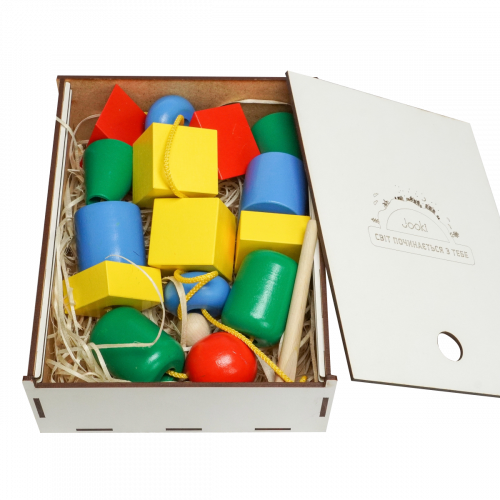 Эко подарочный набор, детская развивающая игрушка шнуровка "Бусы макси" + подарочная коробка